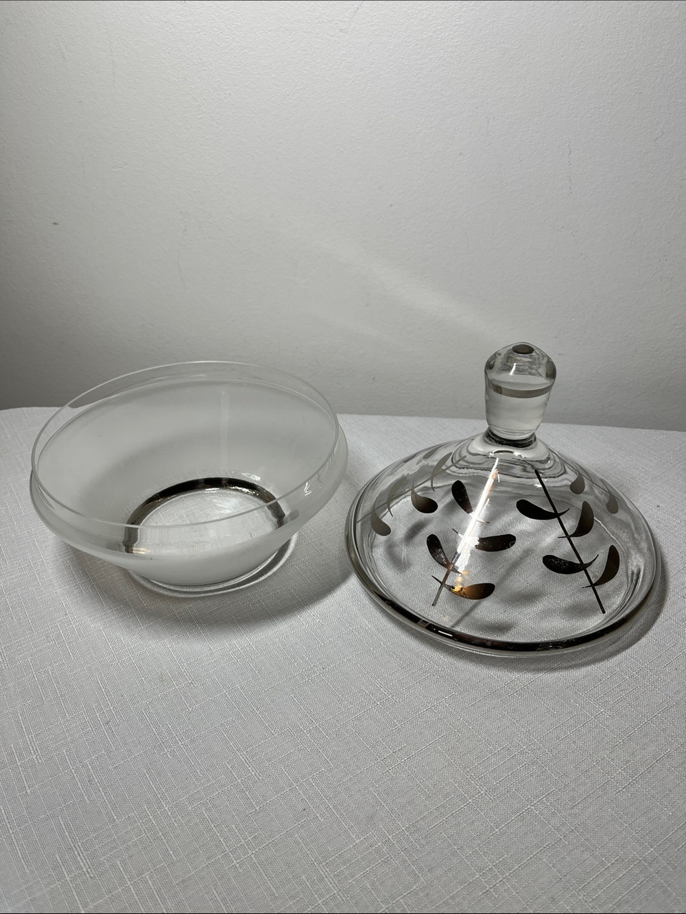 Vintage Clear Glass Lidded Candy Dish with Silver Leaf Motif - Picture 5 of 10